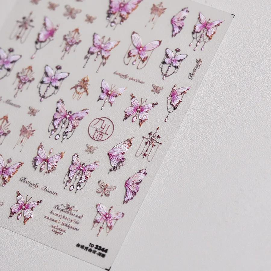 Shiny Jelly Butterfly Charming Golden Gradient Bowknot 5D Self Adhesive Nail Art Sticker Flower Petal Rhinestone Manicure Decals