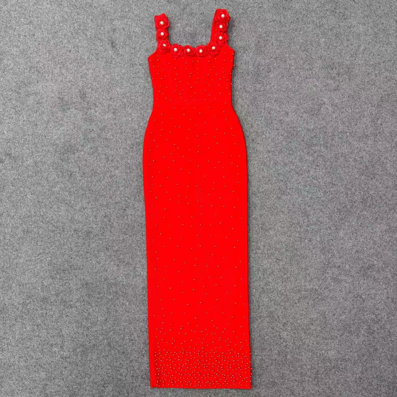 European & American Elegant Beaded Square Neck Bandage Dress with Spaghetti Straps Small красный