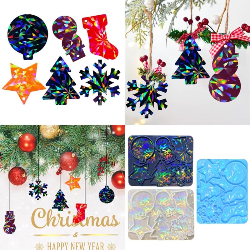 Holographic Christmas Silicone Mold for DIY Ornaments Snowman Resin Mold Christmas Tree Snowflake Pendant Epoxy Molds