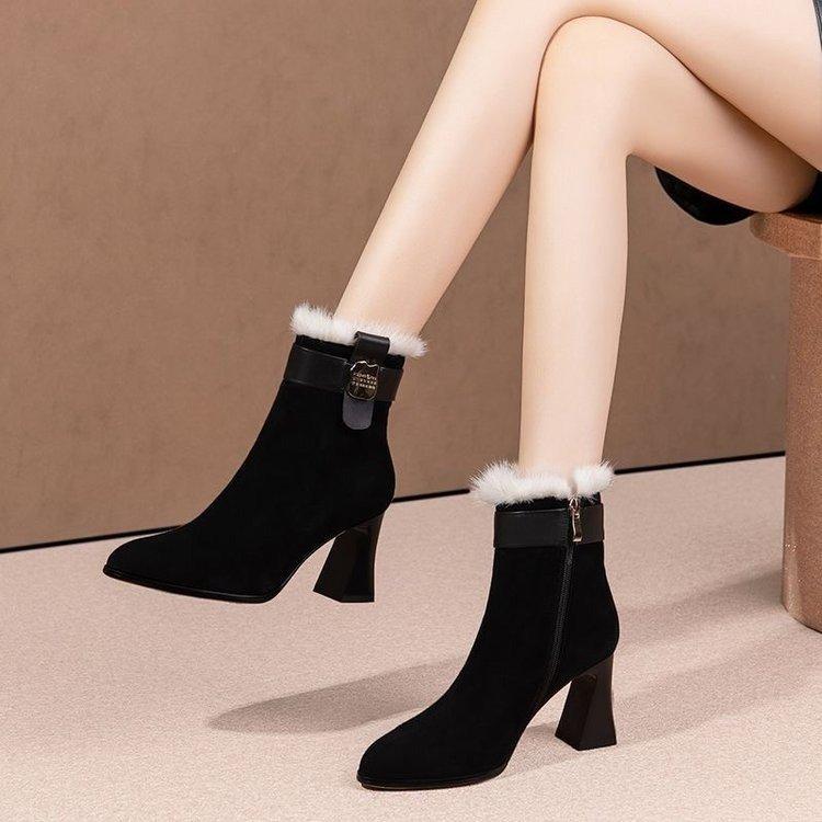 Pointed thick heel short boots women's winter matte short tube thickened high heel Martin boots warm hairy boots women's boots