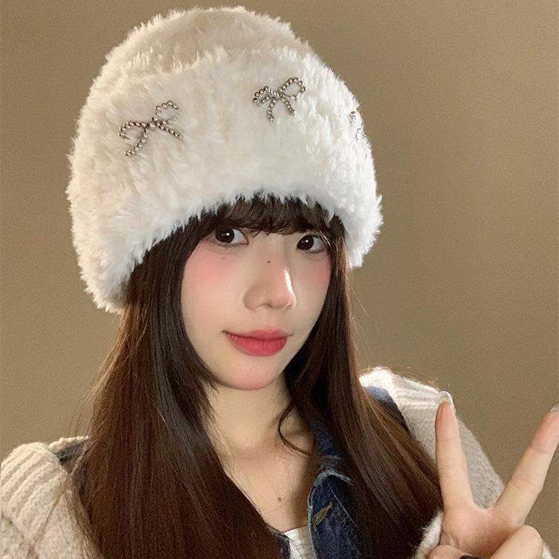 Autumn and Winter Pearl Bow Breast Plush Hat Korean Bag Head Curled Cold Hat Couple Playful Knit Hat