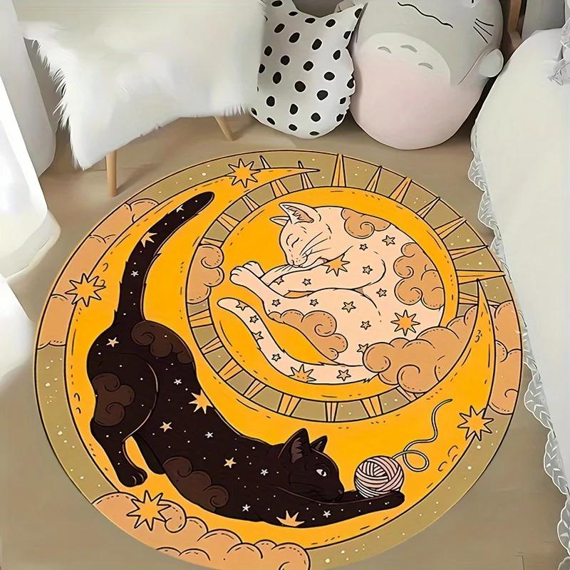Yin Yang Cat Circular Carpet with Anti Slip Backing Flannel Carpet Machine Washable for Living Room Lightweight Home Decor