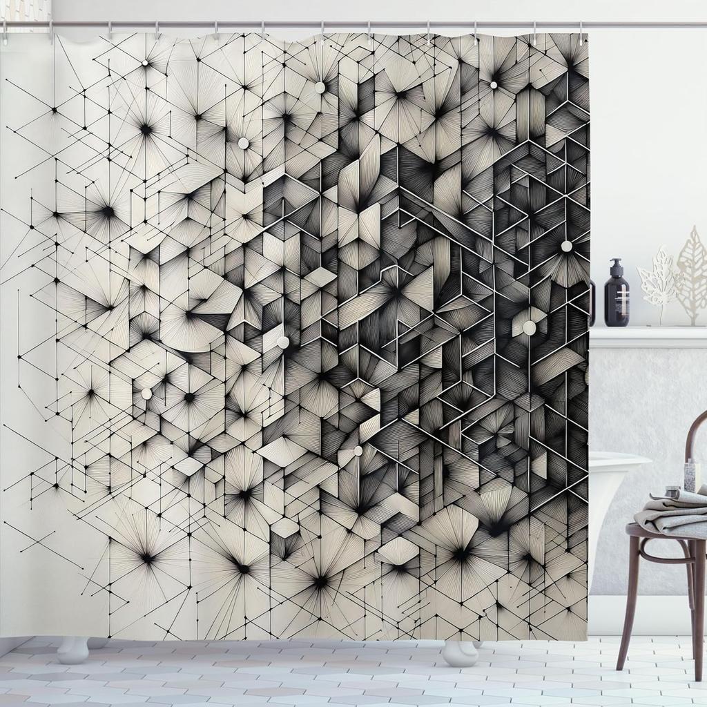 Black and White Shower Curtain, Geometric Design Abstract Connections of Mosaic Look Polygons, Cloth Fabric Bathroom D