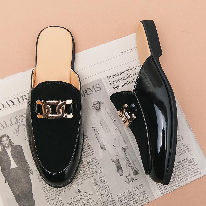 Fashion New Men Slippers PU Flat Heel One Step Outdoor Comfortable Business Office Half Dragged Sandals Size 38-46 Men Slippers
