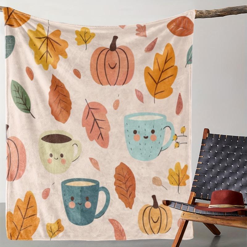 

Vintage Autumn-Themed Flannel Throw Blanket with Pumpkin Coffee Cup and Leaf Print Soft Warm Cozy 30x40in