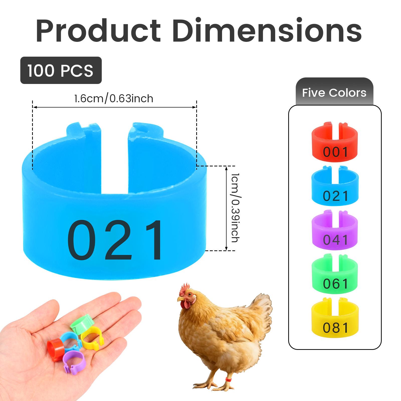 100Pcs Chicken Foot Rings Chicken Leg Bands with Number Multi-Color Numbered Identification Leg Rings Poultry Carry Foot Ring 100 pieces 16mm