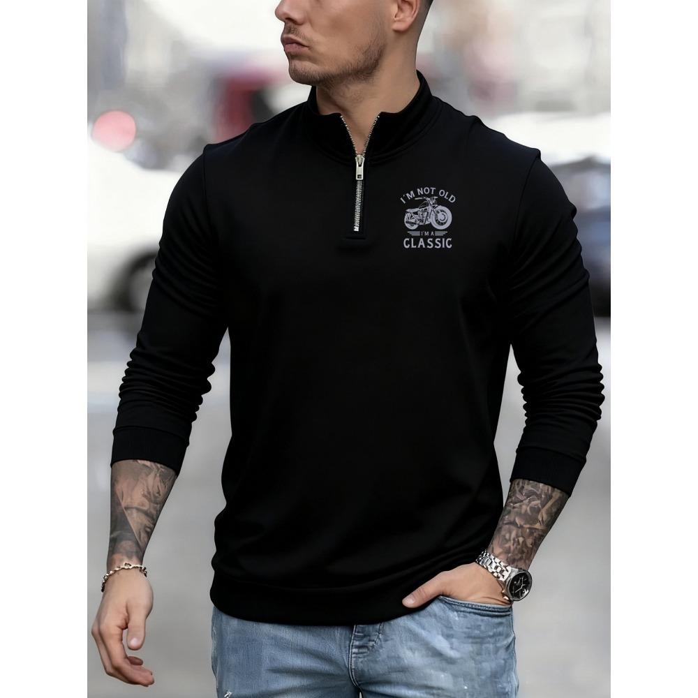 Handsome Motorcycle Pattern, Timeless Letter Print, New Men s Casual Sportswear, Cool Zipper Long Sleeved Sportswear Top S чёрный