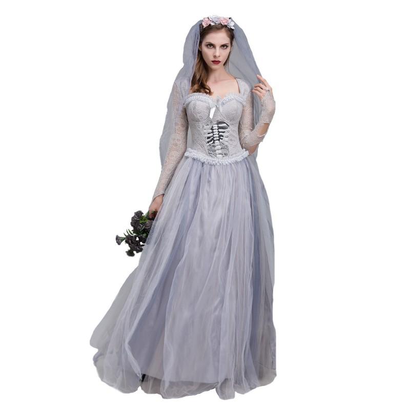 Halloween Costume Women Ghost Bride Dress Cosplay Outfit With Headpiece Vintage Ethnic Style