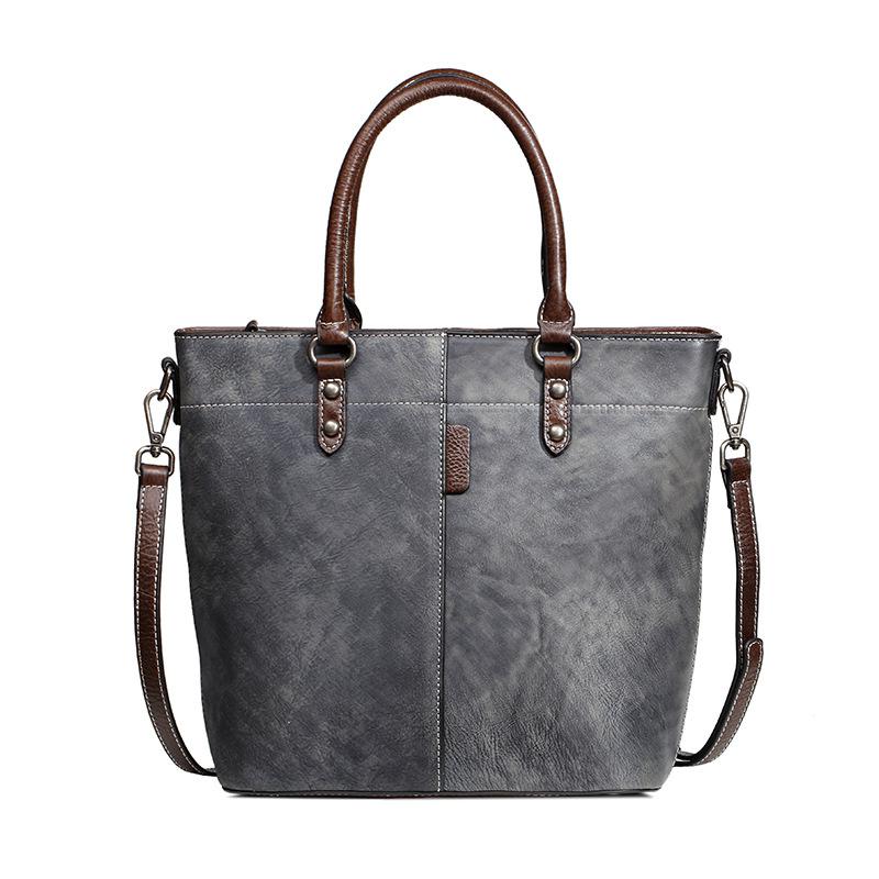 Johnature Retro Women Bucket Bag Leisure Genuine Leather Handbag Large Capacity Solid Color Shoulder Messenger Bags