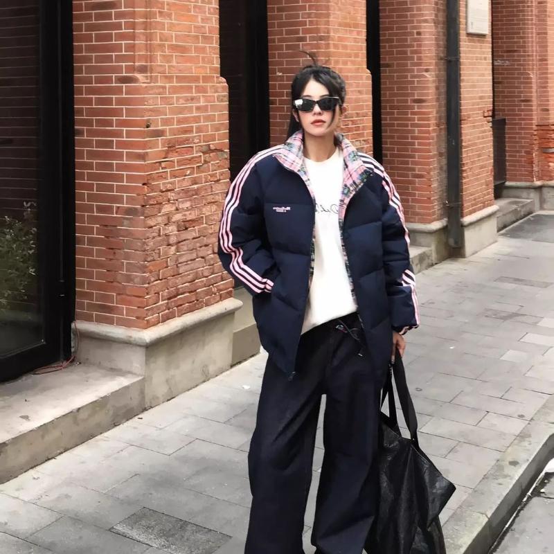 Patchwork Stripe Winter Cotton Coat Women Loose Thick Padded Jacket Casual Outwear