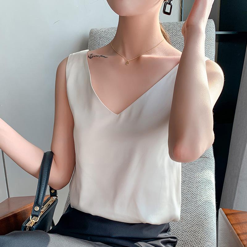 

Женская шелковая атласная майка на ацетате с V-образным вырезом: Идеальный внутренний базовый слой для костюмов, весна/лето, черный и белый XL