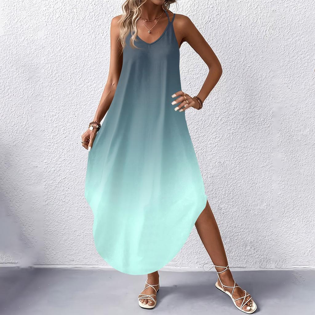 Women's Fashion Casual V-neck Sleeveless Dresses Print Dresses Beach Long Dresses