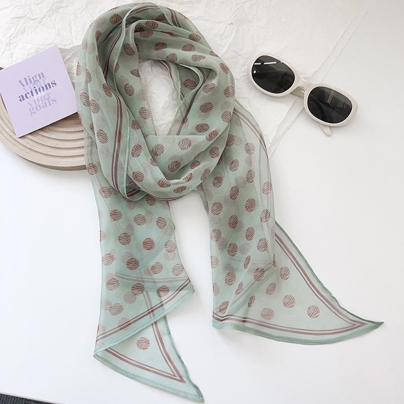 Hepburn style green polka dot Korean version long streamer spring and summer new decorative versatile silk scarf neck scarf bag head headband 150*28cm