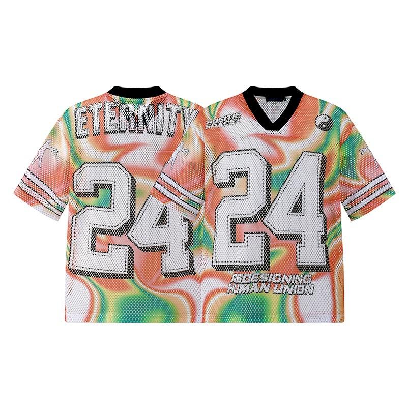 Trendy Brand Men'S T-Shirt American Retro Hip-Hop Letter Printing Mesh Casual Couple Sports Jersey Men And Women