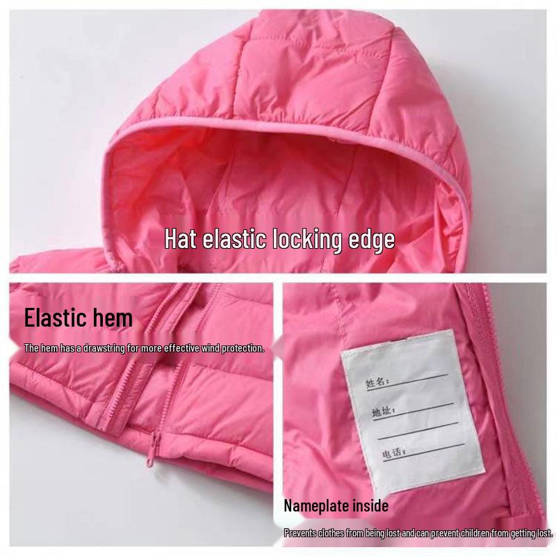 Children's Lightweight Hooded Down Jacket - Solid Color, Winter Style, 90% Down, Medium & Large Sizes