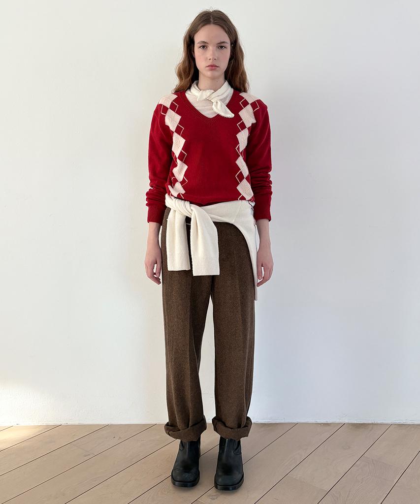 SINOON Sn Twin Argyle V-Neck Knit (Red)