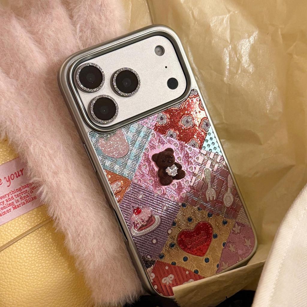 Compatible Glitter Small Bear Phone Case for iPhone 12/13/16/17 Pro Max, with Mirror and Electroplated Spring Patchwork Design