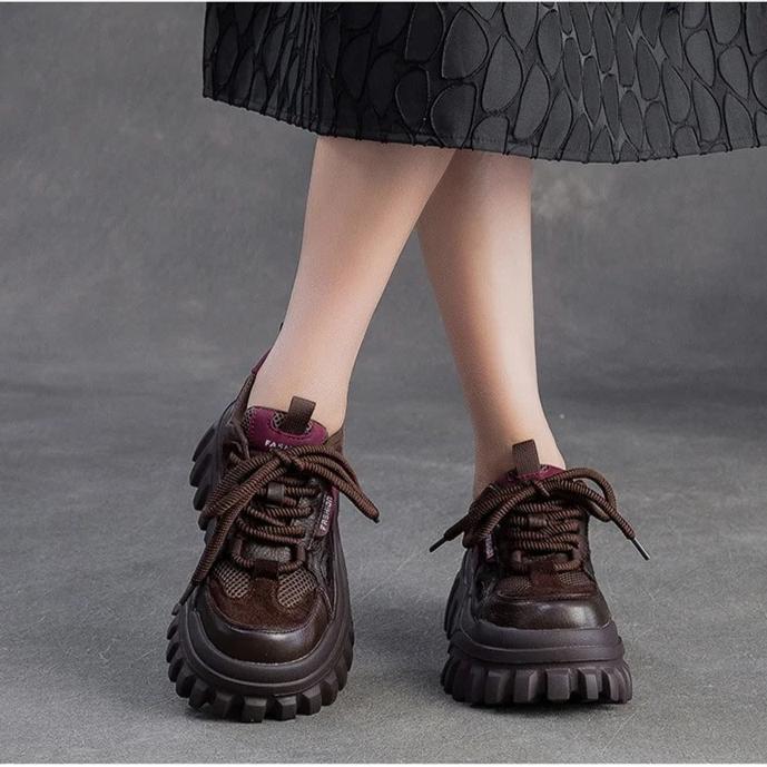 Johnature Genuine Leather Splicing Mesh Casual Shoes Lightweight Lace Up Thick Soled Women's Shoes