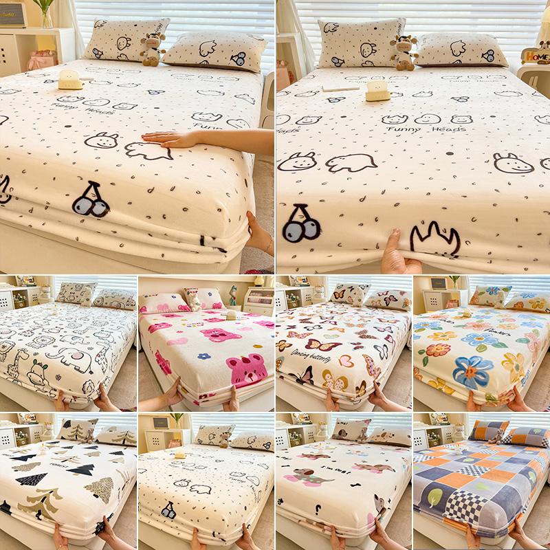 Winter Warm Flannel Fleece Bed Sheet Cartoon Flower Printed Thick Bed Sheets for Winter Single/Queen/King Soft Plush Bed Sheet