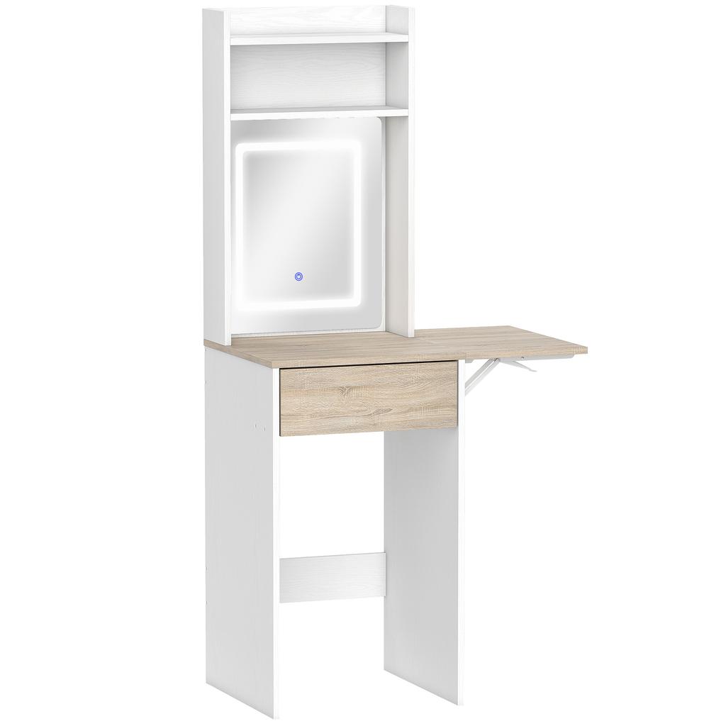 Small Vanity Desk with Mirror and LED Lights, Compact Dressing Table with Drop Leaf, Open Shelves and Drawer, White