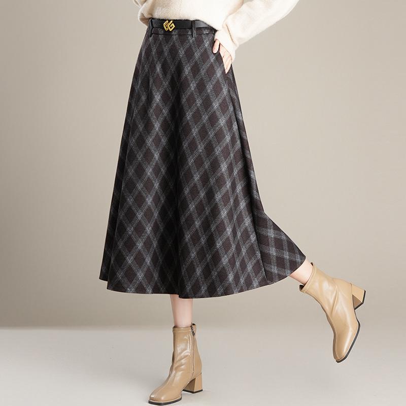 Women's High-Waist Woolen Plaid A-Line Skirt - Autumn/Winter 2025 Collection