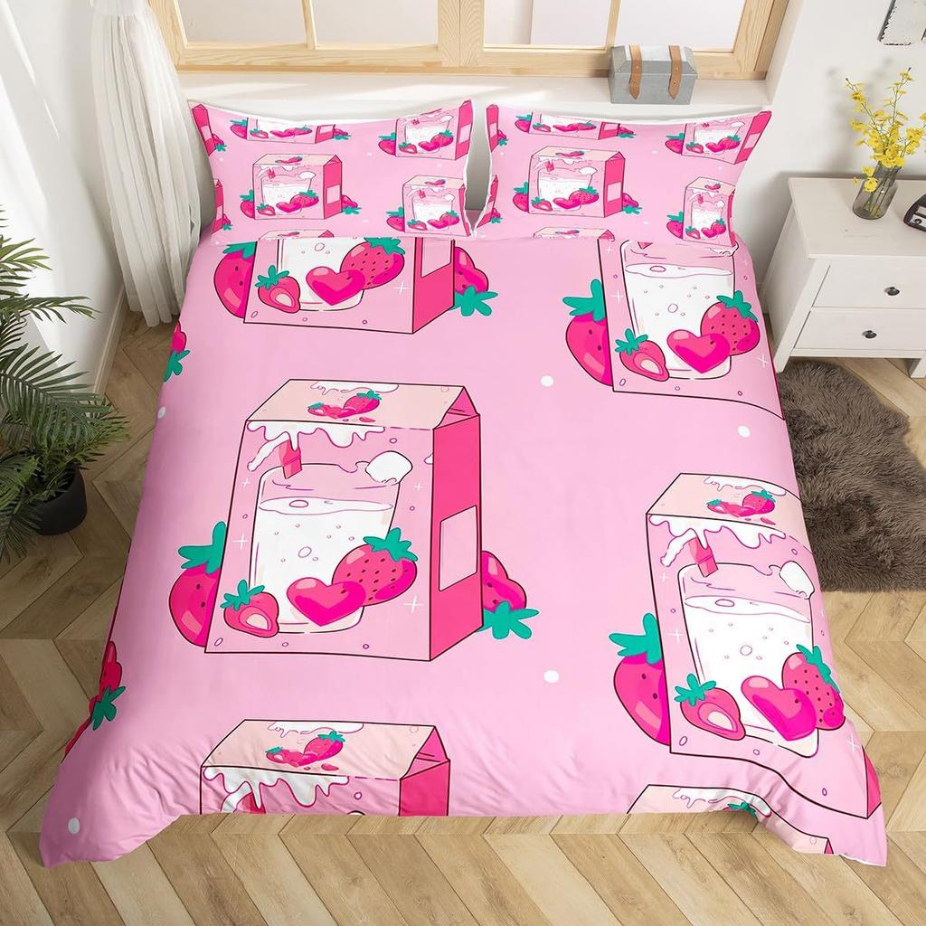 Strawberry Pink Duvet Cover Cute Fruit Print Bedding Three-piece Set Girl Room Decoration