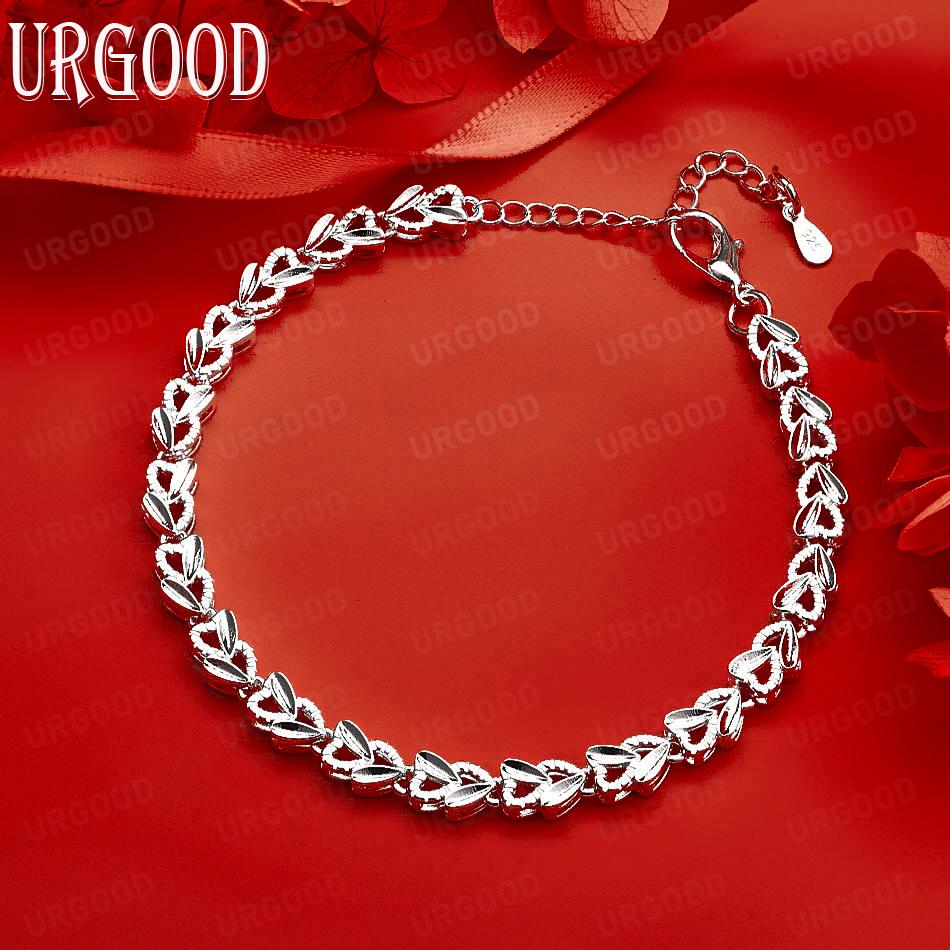 925 Sterling Silver Heart-Shaped Side Chain Bracelet Gift Jewelry 20CM