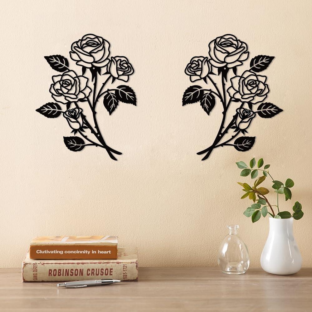 SITAKEGS 2pcs Metal Rose Wall Decor 11.8x9.4in Black Flower Sculpture Floral Art Hanging Ornament for Living Room Bathroom Bedroom Kitchen Garden