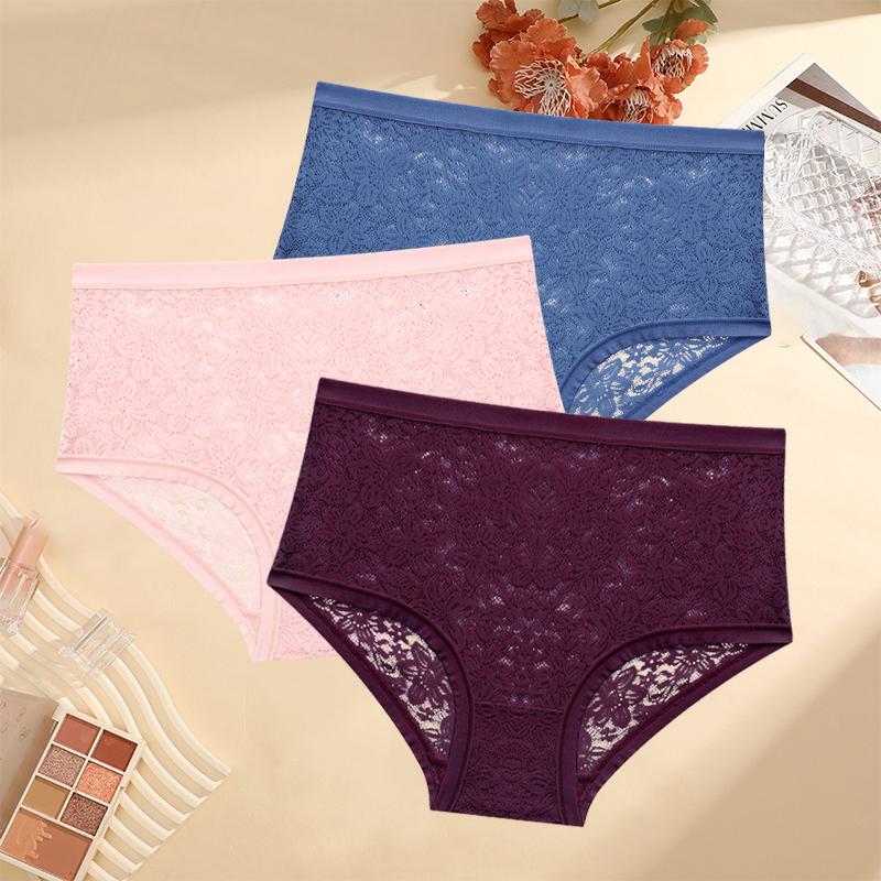 3PCS/Set Floral Embroidery Lace Panties Women's Plus Size Underwear Sexy Hollow Solid Briefs Girls Mid-Rise Temptation Lingerie