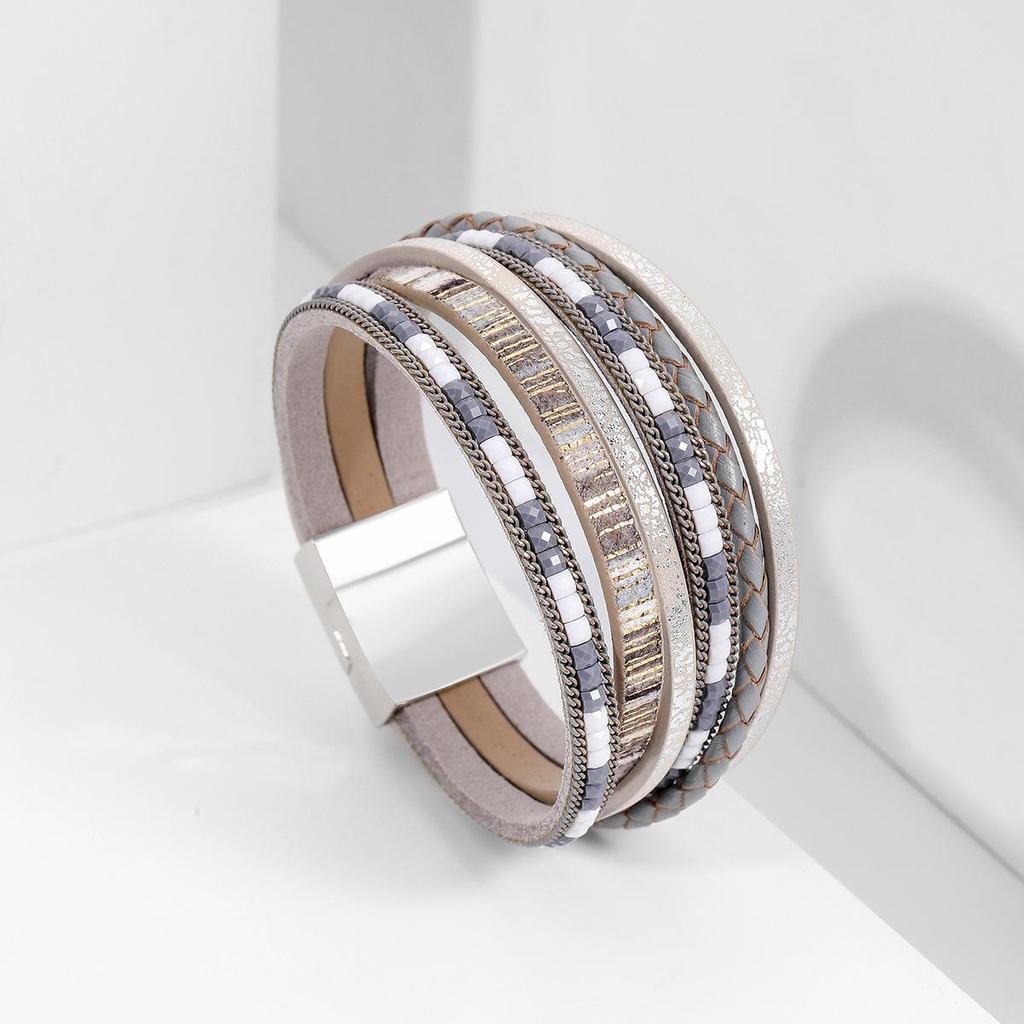 Alaşımlı Manyetik Tokalı Bohem El Dokuma Deri Bileklik - Moda Kadın Aksesuarı