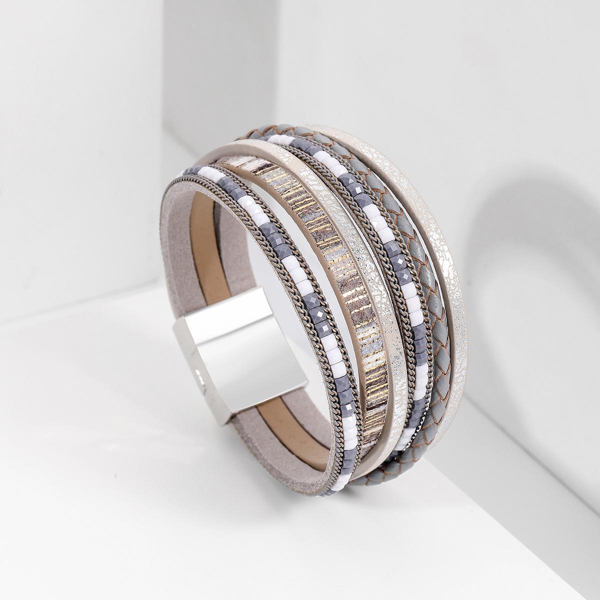 Богемный плетеный кожаный браслет с магнитной застежкой из сплава Модный женский аксессуар серый