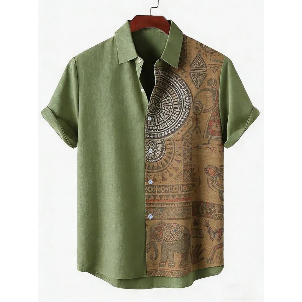 2026 Daily Men's Casual Short Sleeved Shirt with Natural Ethnic Pattern Printed Shirt Hawaii Beach Vacation Clothing