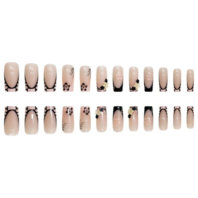 Square Press On Nail French Tips Fake Nail Full Cover False Nail with Flower Designs Artificial Acrylic Nail for Women