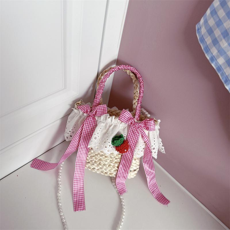 Charming Breathable Straw Woven Kids Crossbody Bag In Cute Strawberry And Cherry Styles