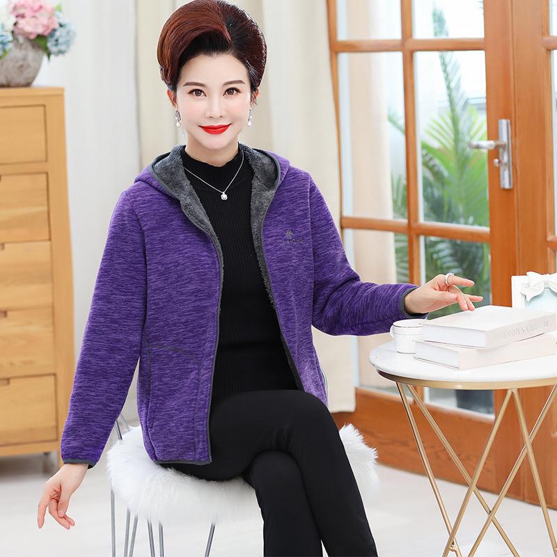 Grandma Autumn and Winter Cardigan Hooded Sweater Middle-aged and Elderly Sportswear Women's Jacket Mother Women's Plus Velvet Clothes