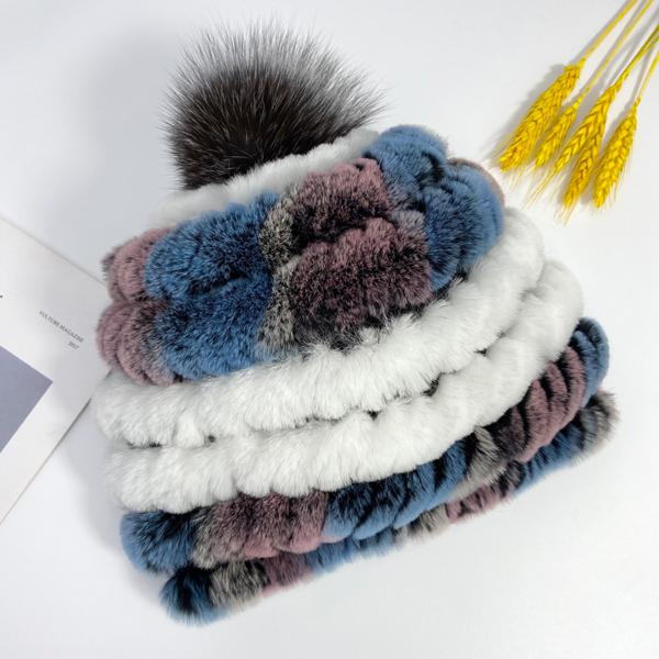 Heißer Kaninchen Fell Pompon Hüte Frauen Winter Flauschigen Warme Gestrickte Elastische Mützen Fuchs Echtpelz Stricken Hut Weiche Elastische Gestreiften Skullies