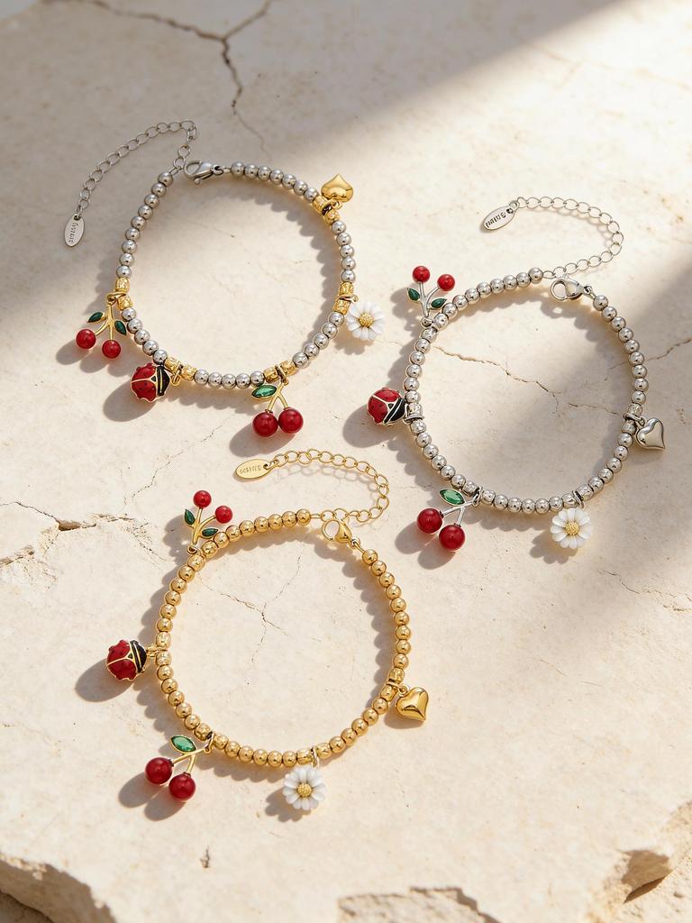 Two-Tone 18K Gold-Filled Stainless Steel Cherry Daisy Pendant Bracelet