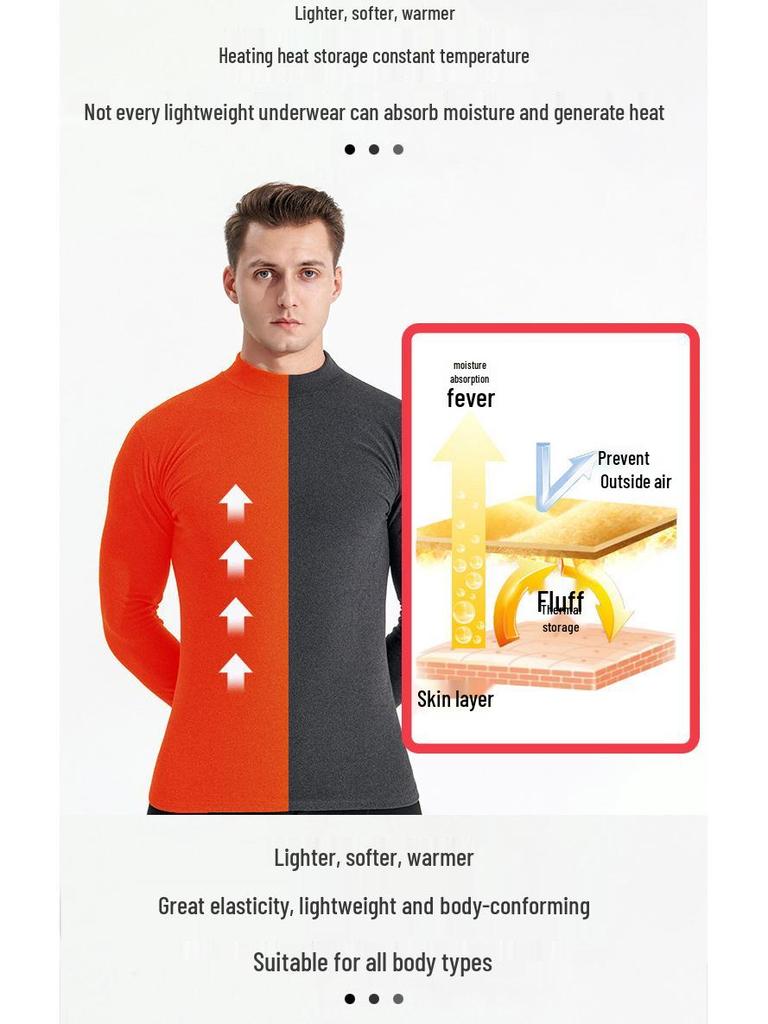 Men's Velvet Base Layer Semi-High Neck Fleece Long Sleeve Warm Top