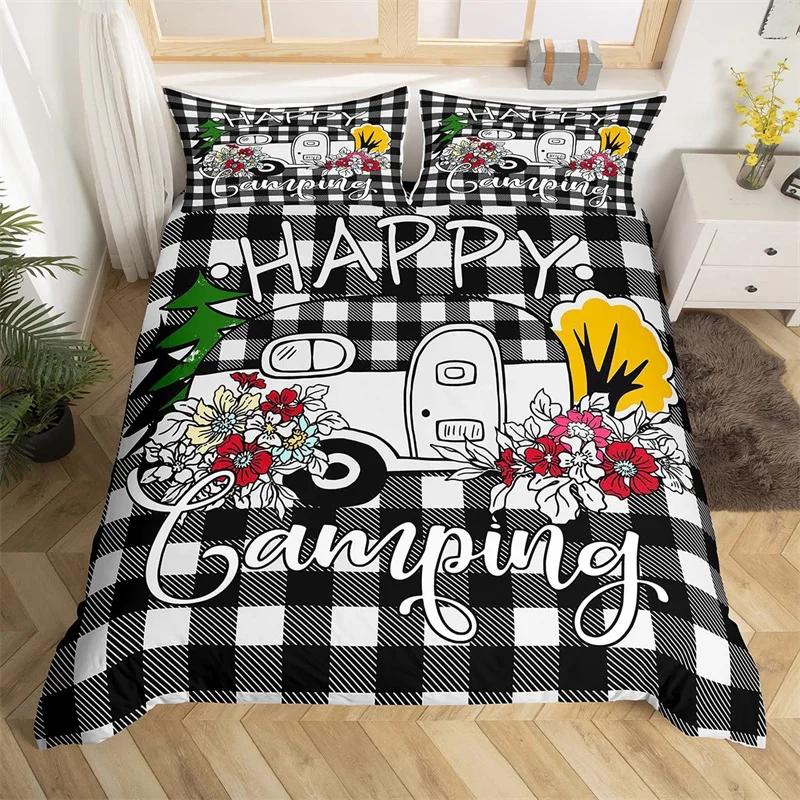 Camper Bedding Set Vintage Cabin Twin Full King Duvet Cover Cartoon Camp Travel Car Quilt Cover Farmhouse Style Comforter Cover