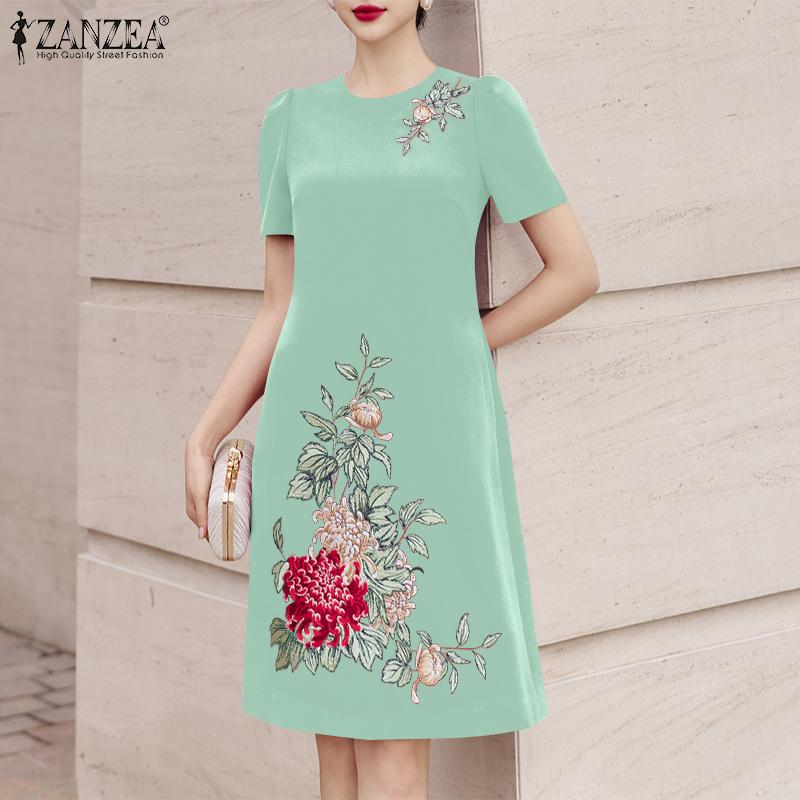 ZANZEA Women Casual Round Neck Short Sleeve Summer Print Dress