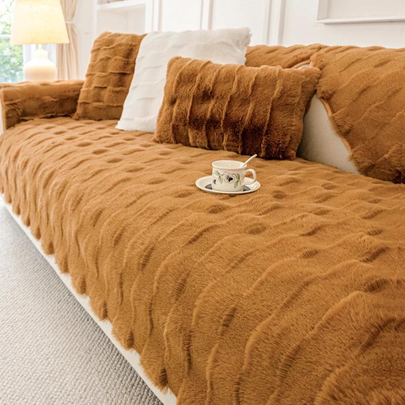 Rabbit Plush Net Solid color thicken Sofa Cushion Winter Padded Plush Cushion Non-slip Leather Sofa Cover New Cover Cloth Towel