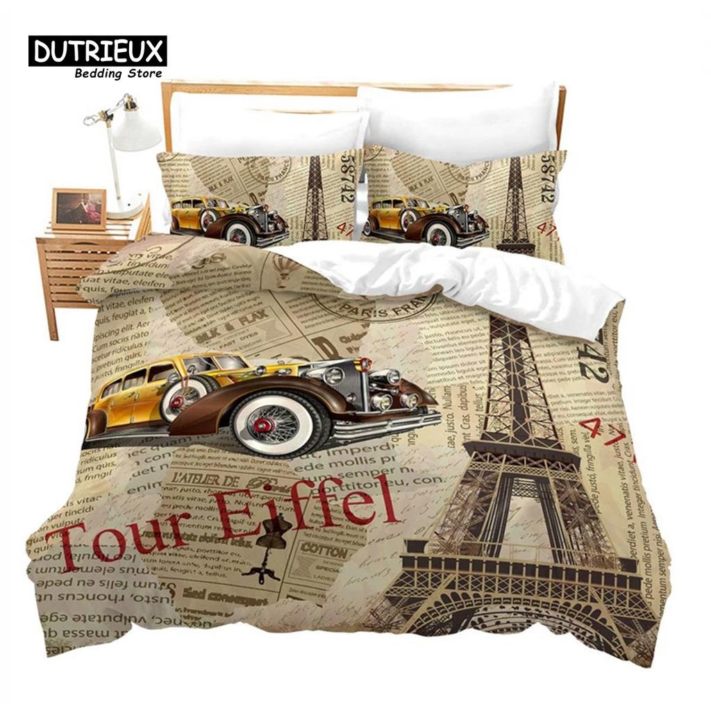 Retro Auto Bettbezug Full Vintage Autos Bettwäsche Set Stadt Gebäude Bettdecke Bezug Kissenbezüge Für Kinder Jungen Teenager Schlafzimmer Dekor