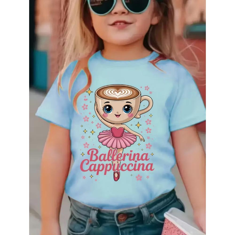 Ballerina Cappuccina Mädchen T-Shirt Italienischer Brainrot Lustige Kinder T-Shirts Sommermode Kurzarm Tops für Kinder Niedliche Kleidung