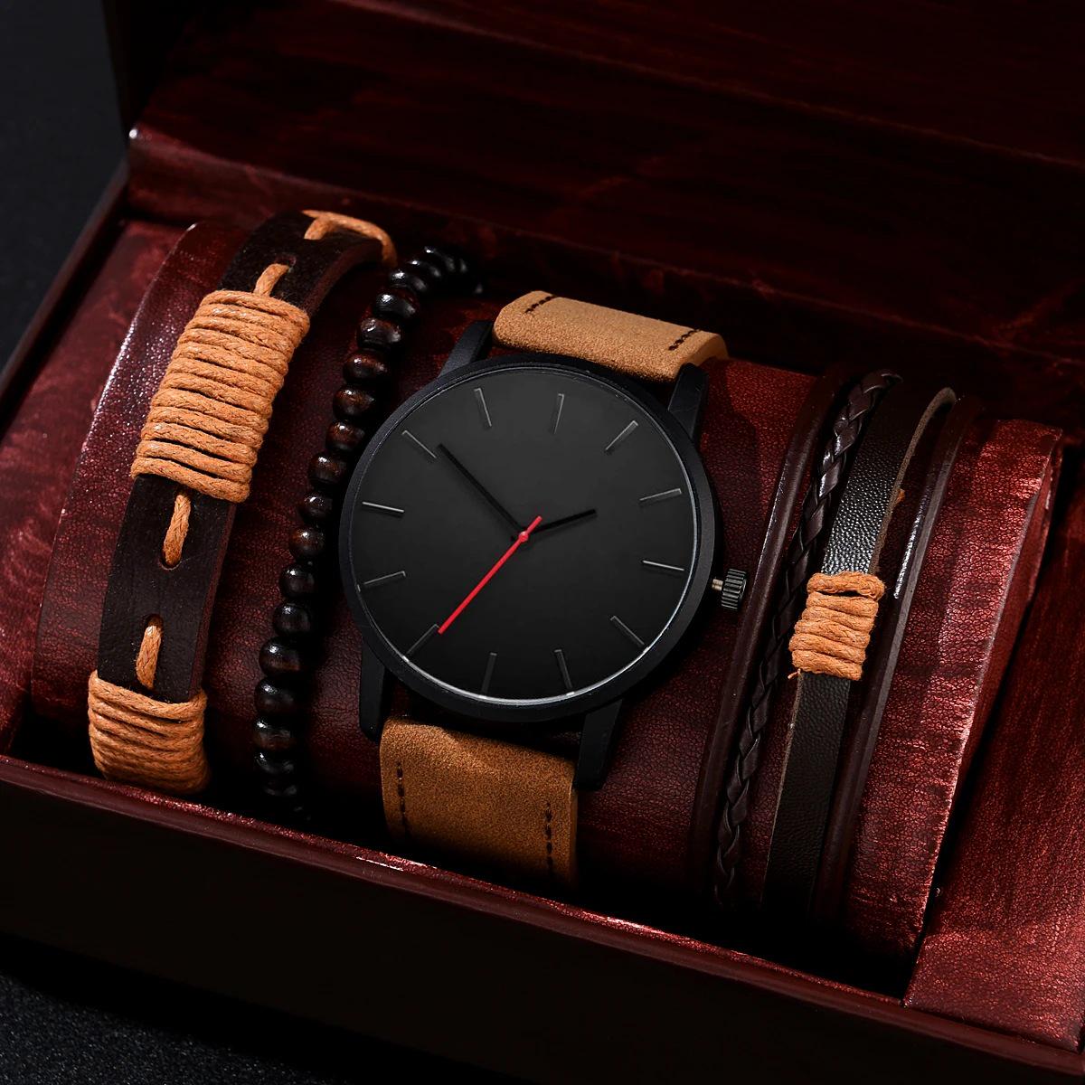 

Мужской кварцевый деловой набор часов с браслетами из бисера и кружева из кожи - Многофункциональный ретро-стиль