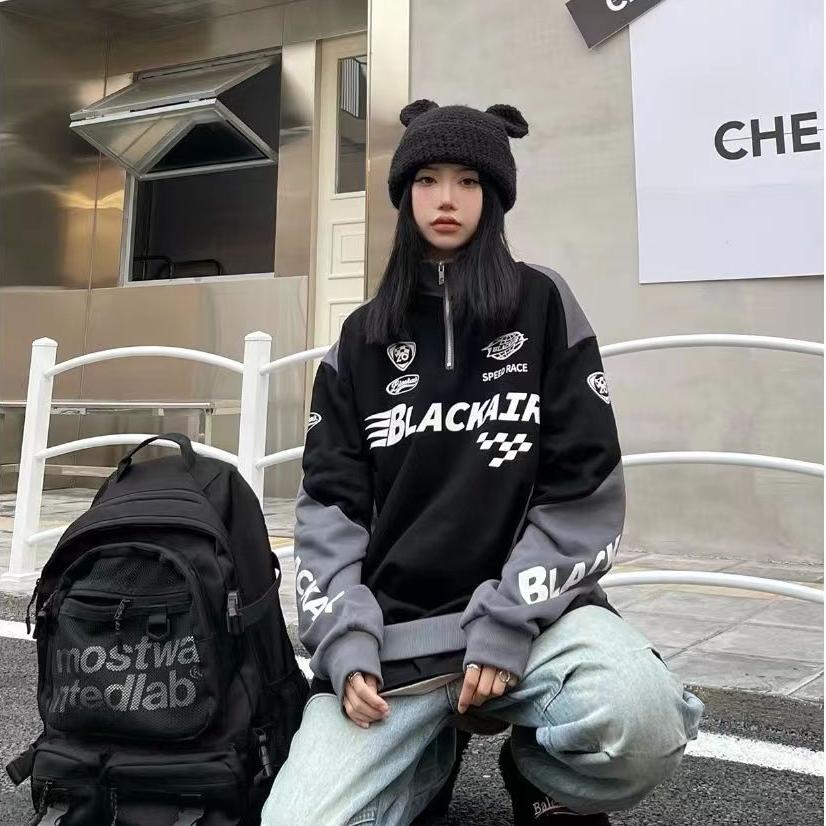 Vintage Street Letter Print Sweatshirt American Stitching Stand Collar Hoodies Men Women Long Sleeve Hip-hop Sports Top