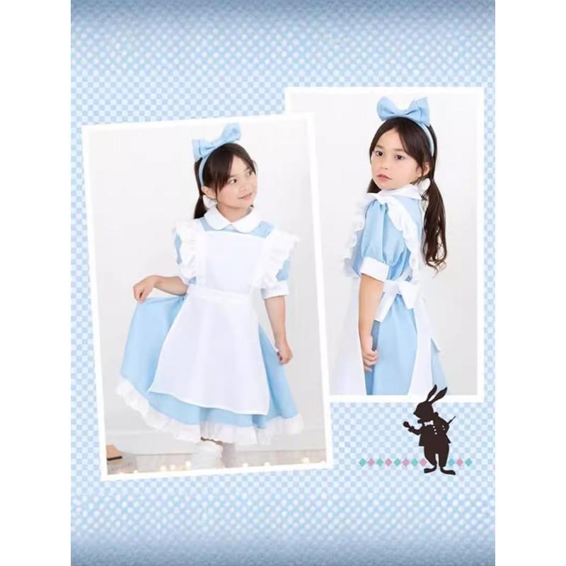 Girls Blue White Alice In Wonderland Maid Style Princess Dress With Headband For Birthday Party