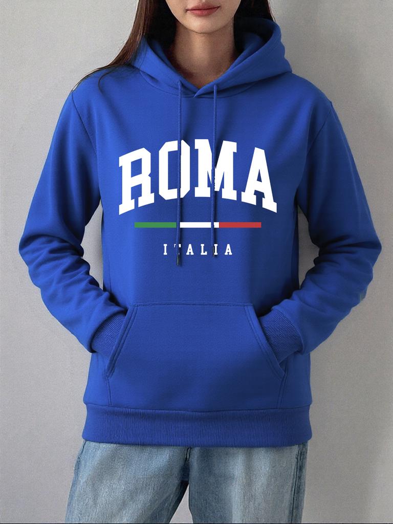 Roma Italia Flag Prints Hoodies Women Winter Fleece Warm Sweatshirts Comfortable Casual Pullovers Basics Pocket Woman Clothes