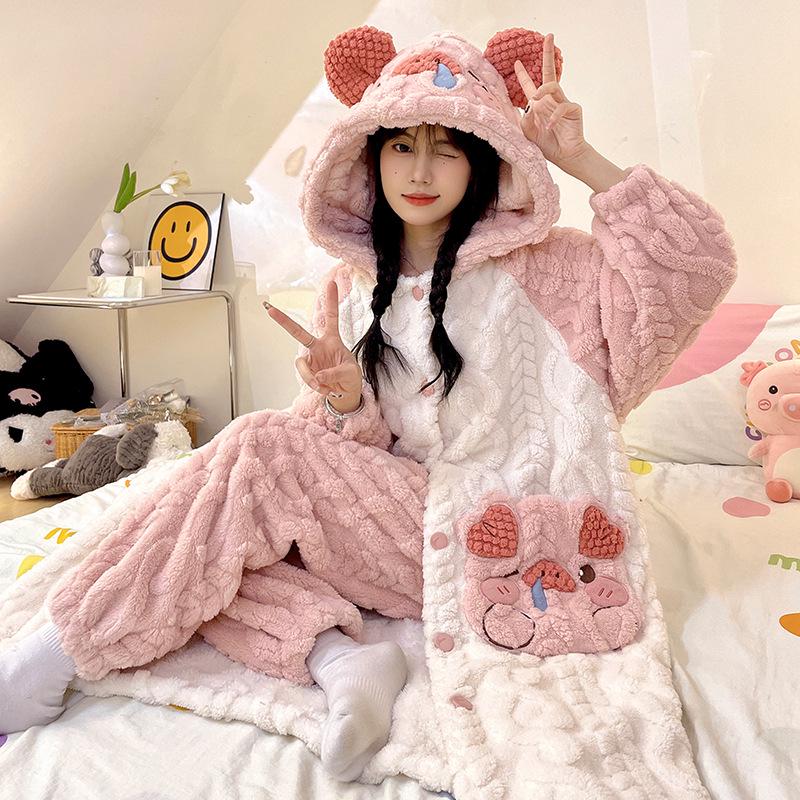 Women's Winter Plus Velvet Coral Fleece Nightgown - Cute Thick Flannel Home Wear