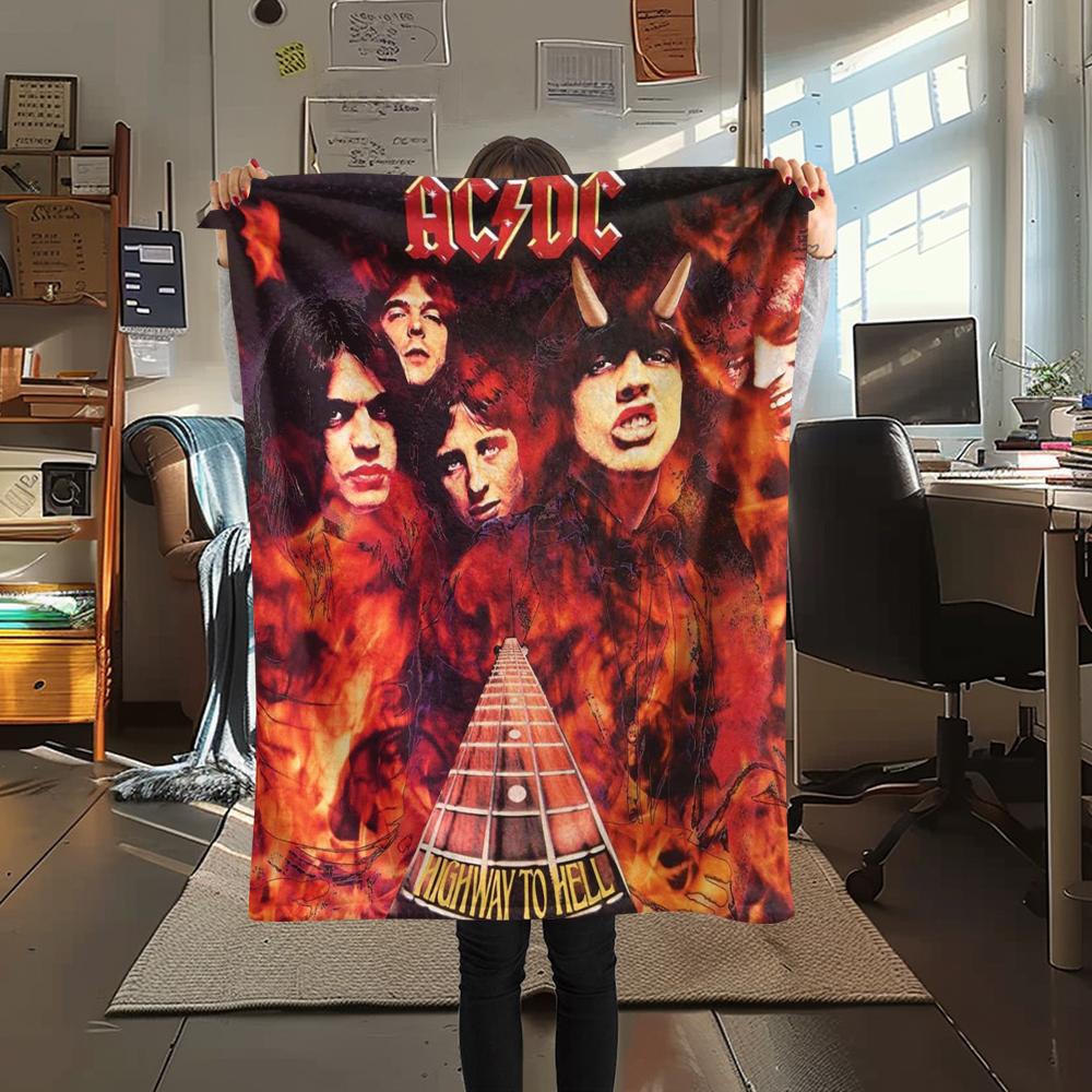 1Pc Ac-dc Band Print Flannel Blanket, High quality Comfortable for All Seasons, Home Decor, Warmth and Comfort, Perfect for Christmas Gifts