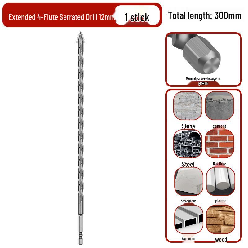 Extended Four-Edge Serrated Impact Drill Bit CN plug (adapter included)